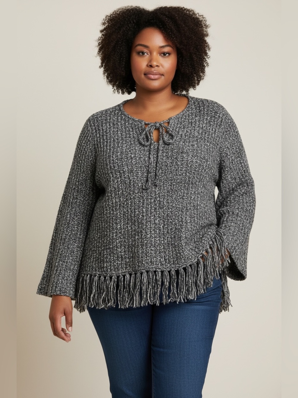 Vintage Venezia Jeans Marled Knit Fringe Sweater Y2K Boho Bell Sleeve Plus Size